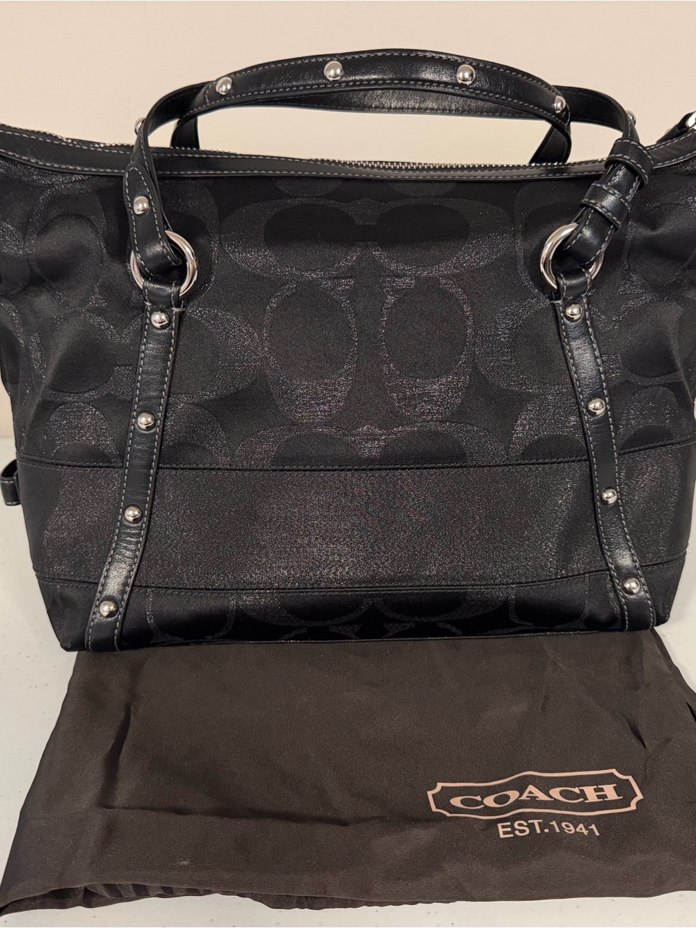 Coach Black Signature Tote with Studded Leather Straps